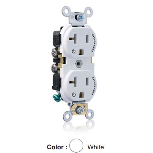 Leviton CR020-2PW, Standard Straight Blade Duplex Receptacle, Commercial Specification Grade, Two Outlets Marked ''Controlled'', Smooth Face, 20A 125V, NEMA 5-20R, 2-Pole, 3-Wire, Side Wire Only, White