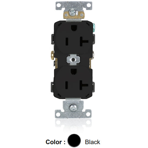Leviton CR020-E, Standard Straight Blade Duplex Receptacle, Commercial Specification Grade, Smooth Face, 20A 125V, NEMA 5-20R, 2-Pole, 3-Wire, Self-Grounding, Side Wire Only, Black, 2 Packs