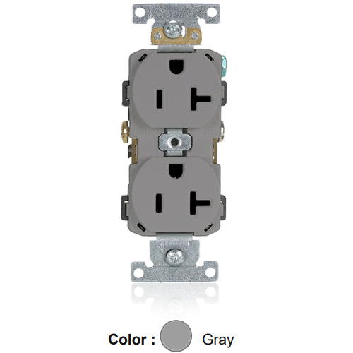 Leviton CR020-GY, Standard Straight Blade Duplex Receptacle, Commercial Specification Grade, Smooth Face, 20A 125V, NEMA 5-20R, 2-Pole, 3-Wire, Self-Grounding, Side Wire Only, Gray, 2 Packs