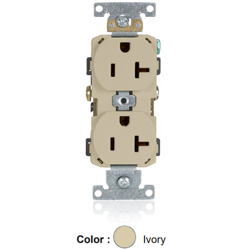 Leviton CR020-I, Standard Straight Blade Duplex Receptacle, Commercial Specification Grade, Smooth Face, 20A 125V, NEMA 5-20R, 2-Pole, 3-Wire, Self-Grounding, Side Wire Only, Ivory, 2 Packs