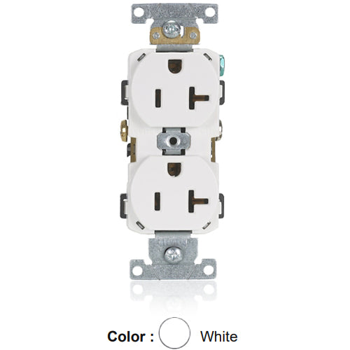 Leviton CR020-W, Standard Straight Blade Duplex Receptacle, Commercial Specification Grade, Smooth Face, 20A 125V, NEMA 5-20R, 2-Pole, 3-Wire, Self-Grounding, Side Wire Only, White, 2 Packs