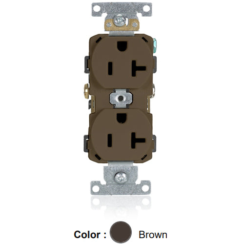Leviton CR020, Standard Straight Blade Duplex Receptacle, Commercial Specification Grade, Smooth Face, 20A 125V, NEMA 5-20R, 2-Pole, 3-Wire, Self-Grounding, Side Wire Only, Brown, 2 Packs