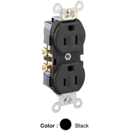 Leviton CR15-E, Standard Straight Blade Duplex Receptacle, Commercial Specification Grade, Indented Face, 15A 125V, NEMA 5-15R, 2-Pole, 3-Wire, Self-Grounding, Side Wire Only, Black, 2 Packs