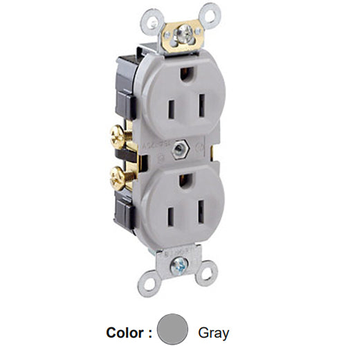 Leviton CR15-GY, Standard Straight Blade Duplex Receptacle, Commercial Specification Grade, Indented Face, 15A 125V, NEMA 5-15R, 2-Pole, 3-Wire, Self-Grounding, Side Wire Only, Gray, 2 Packs
