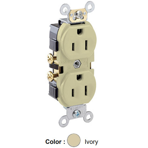 Leviton CR15-I, Standard Straight Blade Duplex Receptacle, Commercial Specification Grade, Indented Face, 15A 125V, NEMA 5-15R, 2-Pole, 3-Wire, Self-Grounding, Side Wire Only, Ivory, 2 Packs