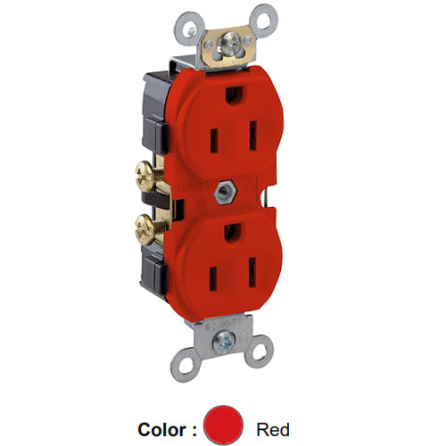 Leviton CR15-R, Standard Straight Blade Duplex Receptacle, Commercial Specification Grade, Indented Face, 15A 125V, NEMA 5-15R, 2-Pole, 3-Wire, Self-Grounding, Side Wire Only, Red, 2 Packs