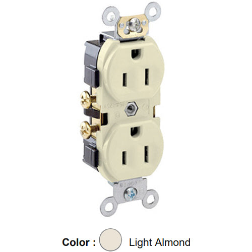 Leviton CR15-T, Standard Straight Blade Duplex Receptacle, Commercial Specification Grade, Indented Face, 15A 125V, NEMA 5-15R, 2-Pole, 3-Wire, Self-Grounding, Side Wire Only, Light Almond, 2 Packs