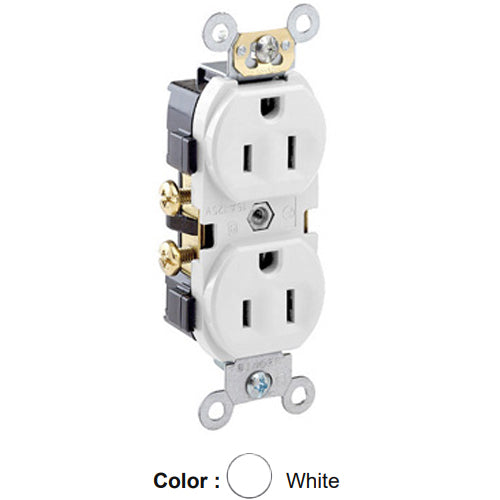 Leviton CR15-W, Standard Straight Blade Duplex Receptacle, Commercial Specification Grade, Indented Face, 15A 125V, NEMA 5-15R, 2-Pole, 3-Wire, Self-Grounding, Side Wire Only, White, 2 Packs