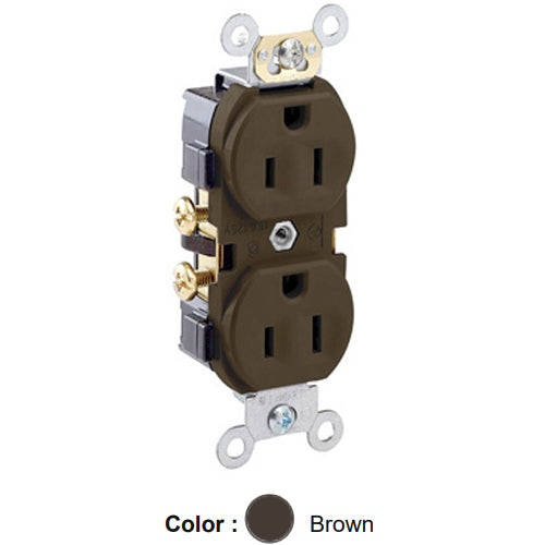 Leviton CR15, Standard Straight Blade Duplex Receptacle, Commercial Specification Grade, Indented Face, 15A 125V, NEMA 5-15R, 2-Pole, 3-Wire, Self-Grounding, Side Wire Only, Brown, 2 Packs