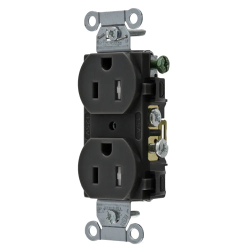 Hubbell CR15BLKTR, Commercial Grade Duplex Receptacles, Tamper Resistant, Smooth Face, Side Wired Only, 15A 125V, 5-15R, 2-Pole 3-Wire Grounding, Black