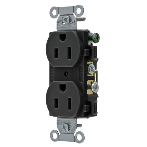 Hubbell CR15BLK, Commercial Grade Duplex Receptacles, Smooth Face, Side Wired Only, 15A 125V, 5-15R, 2-Pole 3-Wire Grounding, Black