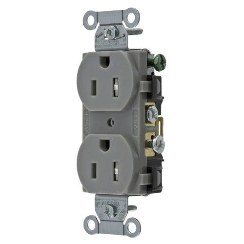 Hubbell CR15GRYTR, Commercial Grade Duplex Receptacles, Tamper Resistant, Smooth Face, Side Wired Only, 15A 125V, 5-15R, 2-Pole 3-Wire Grounding, Gray