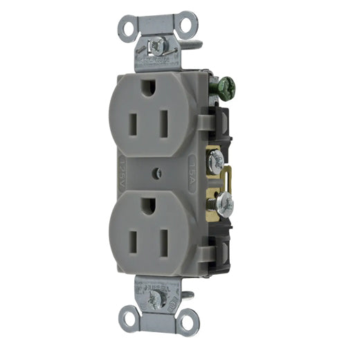 Hubbell CR15GRY, Commercial Grade Duplex Receptacles, Smooth Face, Side Wired Only, 15A 125V, 5-15R, 2-Pole 3-Wire Grounding, Gray