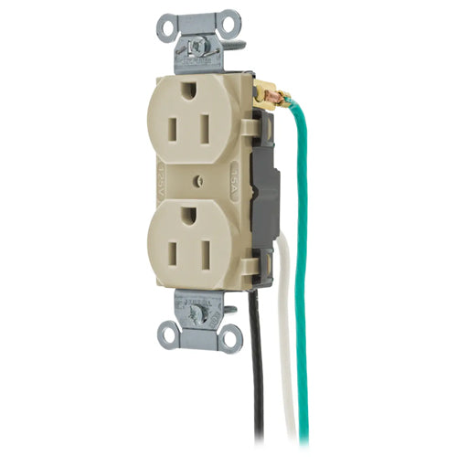 Hubbell CR15IP2, Commercial Grade Duplex Pre-Wired Receptacles, 8" Stranded Wire Leads, Smooth Face, 15A 125V, 5-15R, 2 Pole 3 Wire Grounding, Ivory