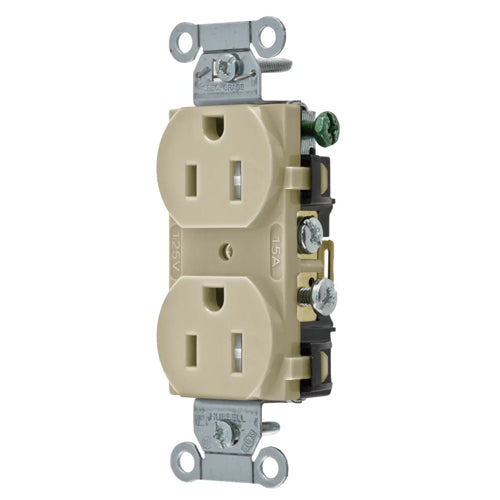 Hubbell CR15ITR, Commercial Grade Duplex Receptacles, Tamper Resistant, Smooth Face, Side Wired Only, 15A 125V, 5-15R, 2-Pole 3-Wire Grounding, Ivory