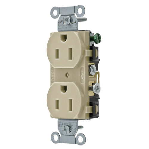 Hubbell CR15I, Commercial Grade Duplex Receptacles, Smooth Face, Side Wired Only, 15A 125V, 5-15R, 2-Pole 3-Wire Grounding, Ivory