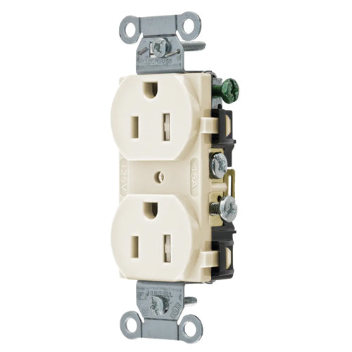 Hubbell CR15LATR, Commercial Grade Duplex Receptacles, Tamper Resistant, Smooth Face, Side Wired Only, 15A 125V, 5-15R, 2-Pole 3-Wire Grounding, Light Almond