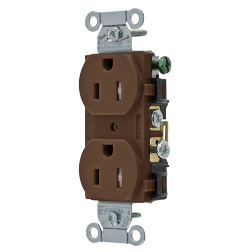 Hubbell CR15TR, Commercial Grade Duplex Receptacles, Tamper Resistant, Smooth Face, Side Wired Only, 15A 125V, 5-15R, 2-Pole 3-Wire Grounding, Brown