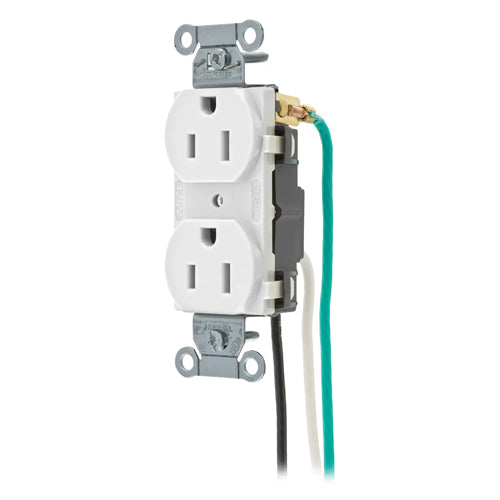 Hubbell CR15WHIP1, Commercial Grade Duplex Pre-Wired Receptacles, 8'' Solid Wire Leads, Smooth Face, 15A 125V, 5-15R, 2 Pole 3 Wire Grounding, White