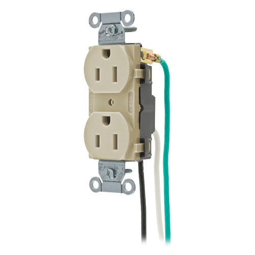 Hubbell CR15IP1, Commercial Grade Duplex Pre-Wired Receptacles, 8'' Solid Wire Leads, Smooth Face, 15A 125V, 5-15R, 2 Pole 3 Wire Grounding, Ivory