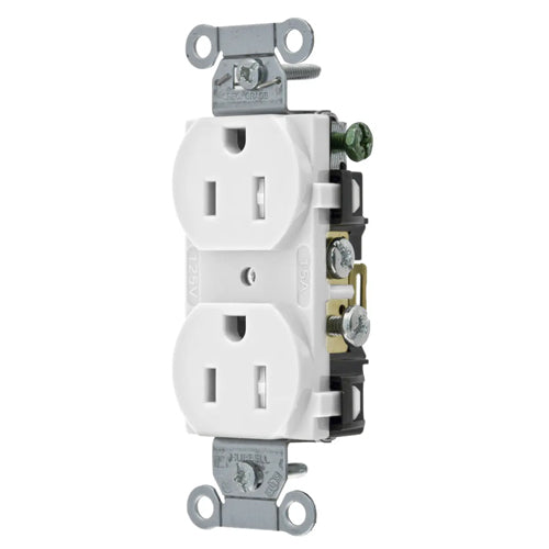 Hubbell CR15WHITR, Commercial Grade Duplex Receptacles, Tamper Resistant, Smooth Face, Side Wired Only, 15A 125V, 5-15R, 2-Pole 3-Wire Grounding, White