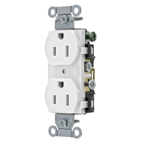 Hubbell CR15WHI, Commercial Grade Duplex Receptacles, Smooth Face, Side Wired Only, 15A 125V, 5-15R, 2-Pole 3-Wire Grounding, White