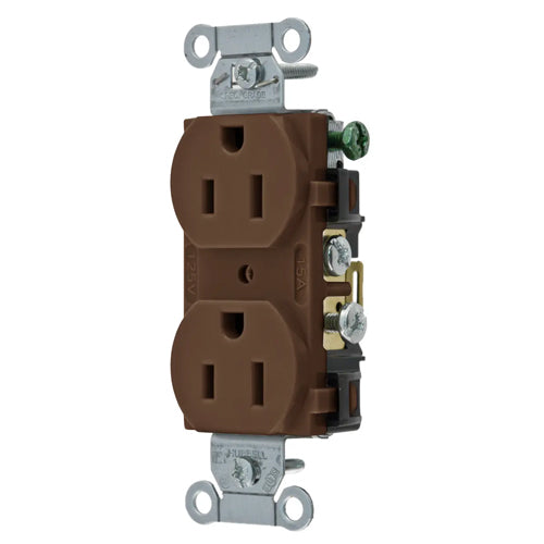 Hubbell CR15, Commercial Grade Duplex Receptacles, Smooth Face, Side Wired Only, 15A 125V, 5-15R, 2-Pole 3-Wire Grounding, Brown