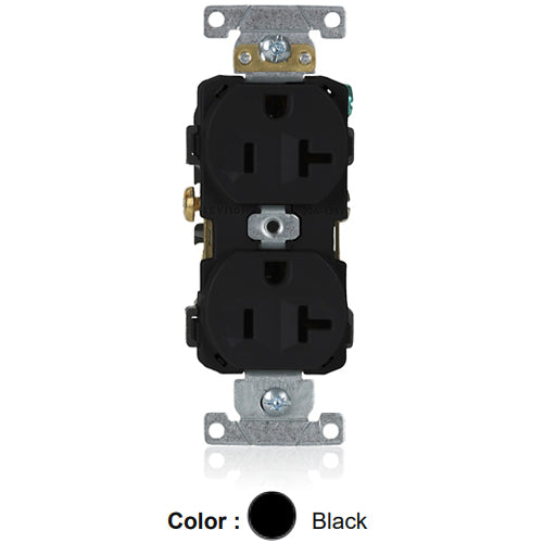 Leviton CR20-E, Standard Straight Blade Duplex Receptacle, Commercial Specification Grade, Indented Face, 20A 125V, NEMA 5-20R, 2-Pole, 3-Wire, Self-Grounding, Side Wire Only, Black, 2 Packs