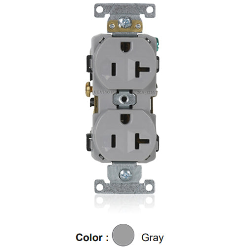 Leviton CR20-GY, Standard Straight Blade Duplex Receptacle, Commercial Specification Grade, Indented Face, 20A 125V, NEMA 5-20R, 2-Pole, 3-Wire, Self-Grounding, Side Wire Only, Gray, 2 Packs