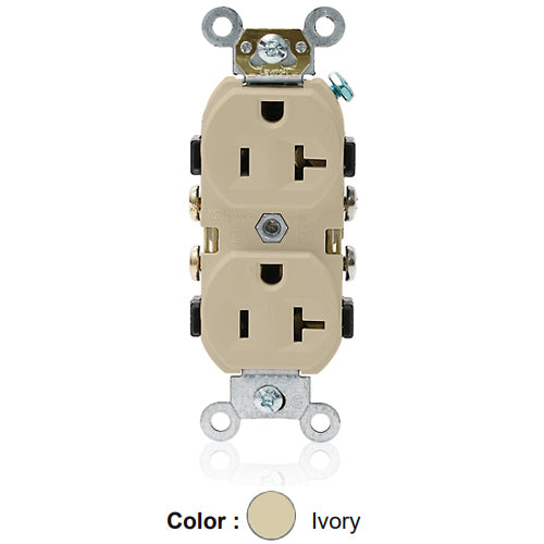 Leviton CR20-I, Standard Straight Blade Duplex Receptacle, Commercial Specification Grade, Indented Face, 20A 125V, NEMA 5-20R, 2-Pole, 3-Wire, Self-Grounding, Side Wire Only, Ivory, 2 Packs