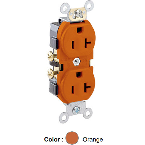 Leviton CR20-O, Standard Straight Blade Duplex Receptacle, Commercial Specification Grade, Indented Face, 20A 125V, NEMA 5-20R, 2-Pole, 3-Wire, Self-Grounding, Side Wire Only, Orange, 2 Packs