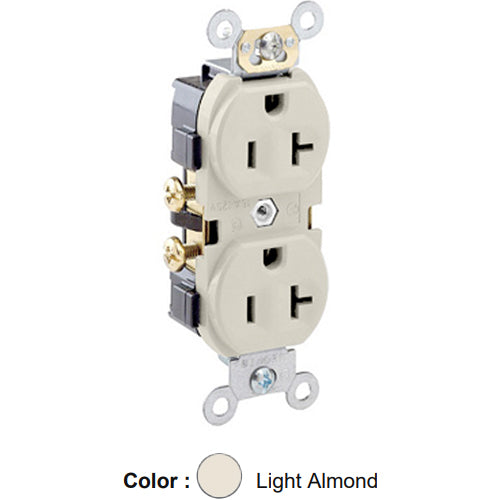 Leviton CR20-T, Standard Straight Blade Duplex Receptacle, Commercial Specification Grade, Indented Face, 20A 125V, NEMA 5-20R, 2-Pole, 3-Wire, Self-Grounding, Side Wire Only, Light Almond, 2 Packs