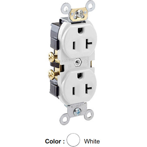 Leviton CR20-W, Standard Straight Blade Duplex Receptacle, Commercial Specification Grade, Indented Face, 20A 125V, NEMA 5-20R, 2-Pole, 3-Wire, Self-Grounding, Side Wire Only, White, 2 Packs