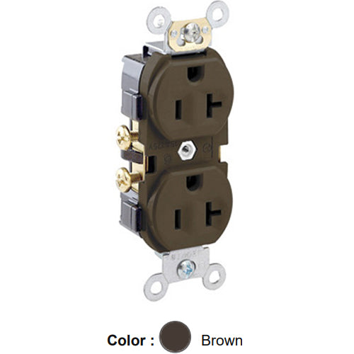 Leviton CR20, Standard Straight Blade Duplex Receptacle, Commercial Specification Grade, Indented Face, 20A 125V, NEMA 5-20R, 2-Pole, 3-Wire, Self-Grounding, Side Wire Only, Brown, 2 Packs