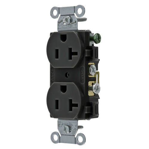 Hubbell CR20BLK, Commercial Grade Duplex Receptacles, Smooth Face, Side Wired Only, 20A 125V, 5-20R, 2-Pole 3-Wire Grounding, Black