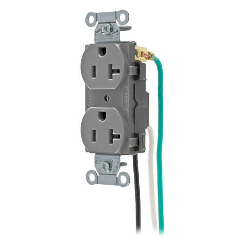 Hubbell CR20GRYP2, Commercial Grade Duplex Pre-Wired Receptacles, 8" Stranded Wire Leads, Smooth Face, 20A 125V, 5-20R, 2 Pole 3 Wire Grounding, Gray