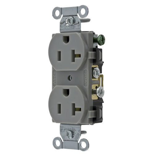 Hubbell CR20GRY, Commercial Grade Duplex Receptacles, Smooth Face, Side Wired Only, 20A 125V, 5-20R, 2-Pole 3-Wire Grounding, Gray