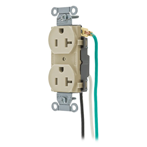 Hubbell CR20IP1, Commercial Grade Duplex Pre-Wired Receptacles, 8'' Solid Wire Leads, Smooth Face, 20A 125V, 5-20R, 2 Pole 3 Wire Grounding, Ivory