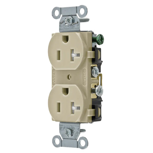 Hubbell CR20ITR, Commercial Grade Duplex Receptacles, Tamper Resistant, Smooth Face, Side Wired Only, 20A 125V, 5-20R, 2-Pole 3-Wire Grounding, Ivory