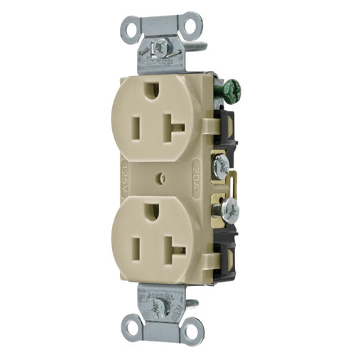 Hubbell CR20I, Commercial Duplex Receptacles, Smooth Face, Side Wired Only, 20A 125V, 5-20R, 2-Pole 3-Wire Grounding, Ivory