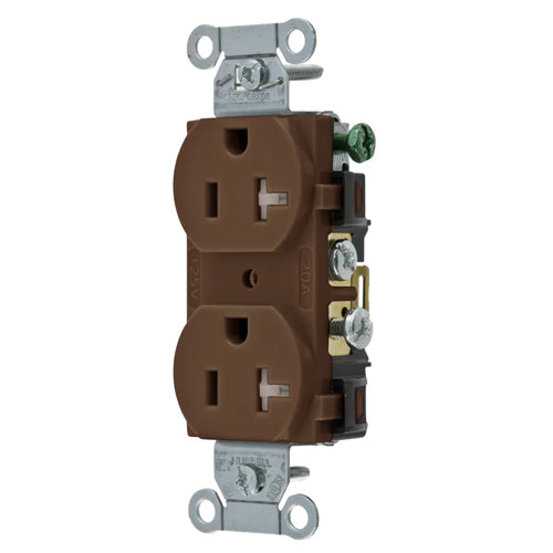 Hubbell CR20TR, Commercial Grade Duplex Receptacles, Tamper Resistant, Smooth Face, Side Wired Only, 20A 125V, 5-20R, 2-Pole 3-Wire Grounding, Brown