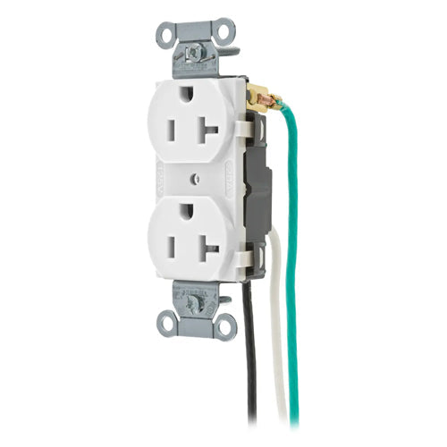 Hubbell CR20WHIP2, Commercial Grade Duplex Pre-Wired Receptacles, 8" Stranded Wire Leads, Smooth Face, 20A 125V, 5-20R, 2 Pole 3 Wire Grounding, White