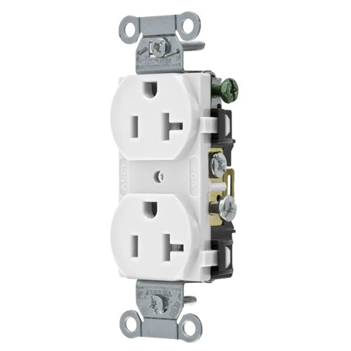 Hubbell CR20WHI, Commercial Grade Duplex Receptacles, Smooth Face, Side Wired Only, 20A 125V, 5-20R, 2-Pole 3-Wire Grounding, White