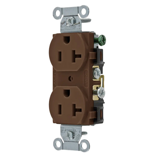 Hubbell CR20, Commercial Grade Duplex Receptacles, Smooth Face, Side Wired Only, 20A 125V, 5-20R, 2-Pole 3-Wire Grounding, Brown