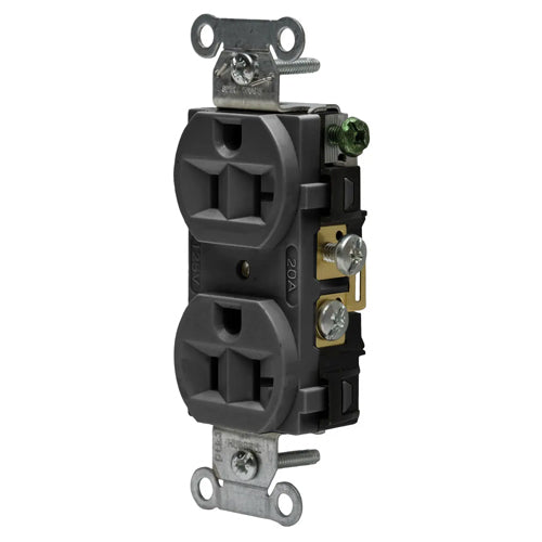 Hubbell CRF20BLK, Commercial Grade Duplex Receptacles, Finder Groove Face, Side Wired Only, 20A 125V, 5-20R, 2-Pole 3-Wire Grounding, Black