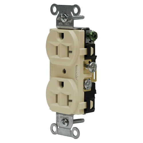 Hubbell CRF20I, Commercial Grade Duplex Receptacles, Finder Groove Face, Side Wired Only, 20A 125V, 5-20R, 2-Pole 3-Wire Grounding, Ivory