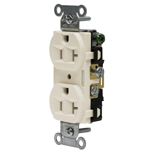 Hubbell CRF20LA, Commercial Grade Duplex Receptacles, Finder Groove Face, Side Wired Only, 20A 125V, 5-20R, 2-Pole 3-Wire Grounding, Light Almond