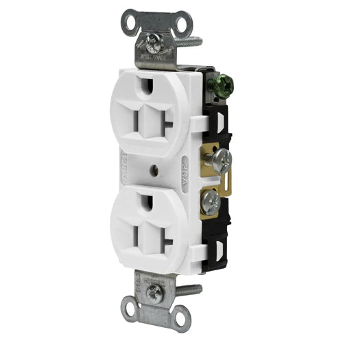 Hubbell CRF20WHI, Commercial Grade Duplex Receptacles, Finder Groove Face, Side Wired Only, 20A 125V, 5-20R, 2-Pole 3-Wire Grounding, White