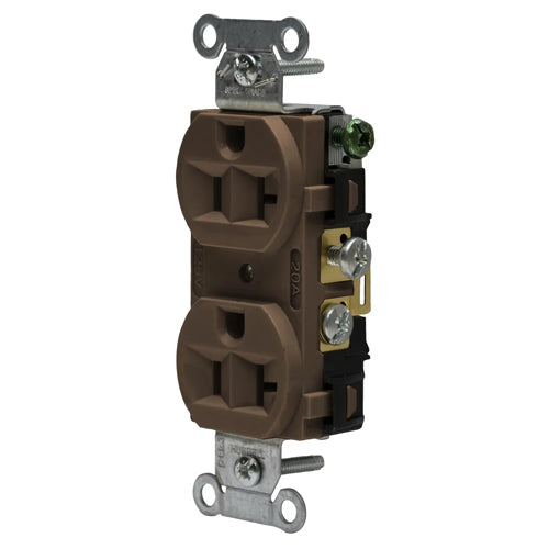 Hubbell CRF20, Commercial Grade Duplex Receptacles, Finder Groove Face, Side Wired Only, 20A 125V, 5-20R, 2-Pole 3-Wire Grounding, Brown