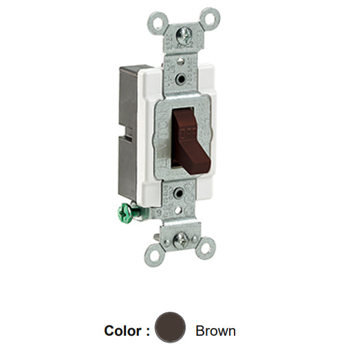 Leviton CS120-2, Standard Single Pole AC Quiet Toggle Switch, Commercial Specification Grade, 20A 120/277V AC, Grounding, Side Wired, Brown